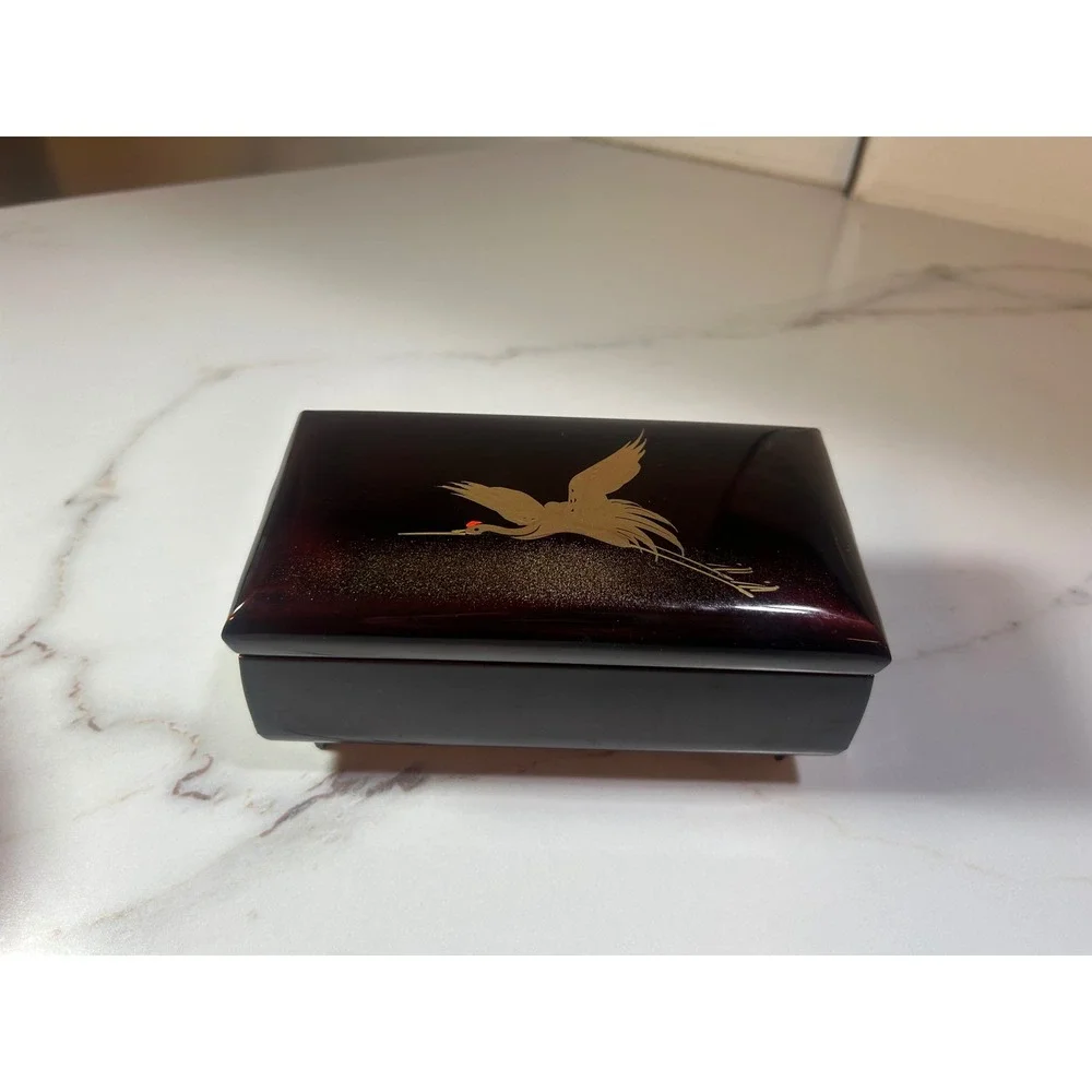 Vintage Japanese Lacquerware Music Jewelry Box Gold Crane Red Velvet Mirror